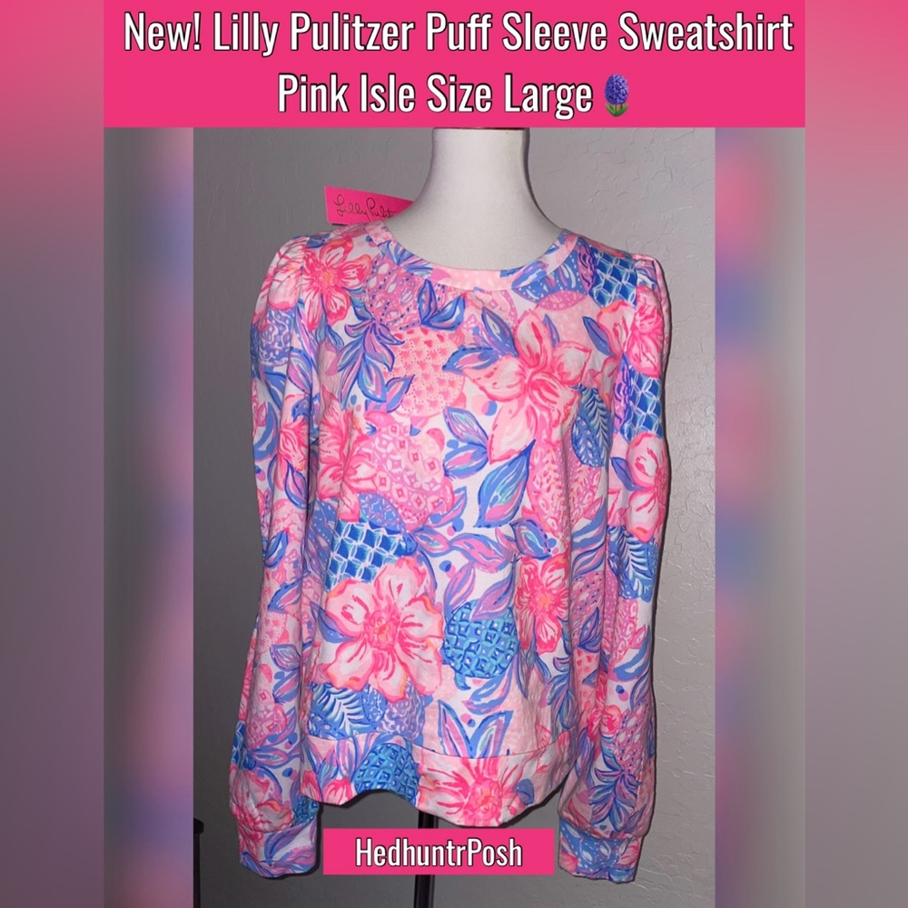 🎉HP🎉New! Lilly Pulitzer Puff Sleeve Pullover Sweatshirt Top Pink Isle Large🪻